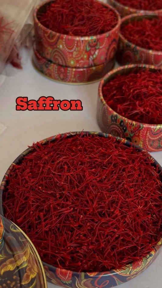 Close-up of authentic premium Iranian saffron threads with deep crimson color